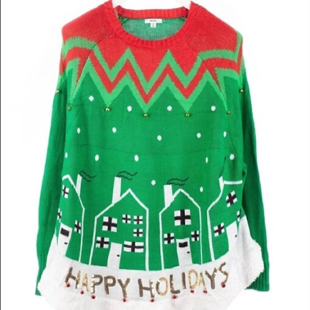 UGLY CHRISTMAS TREE SKIRT SWING SWEATER HAPPY HOLIDAYS SEQUINS WITH BELLS M NWOT